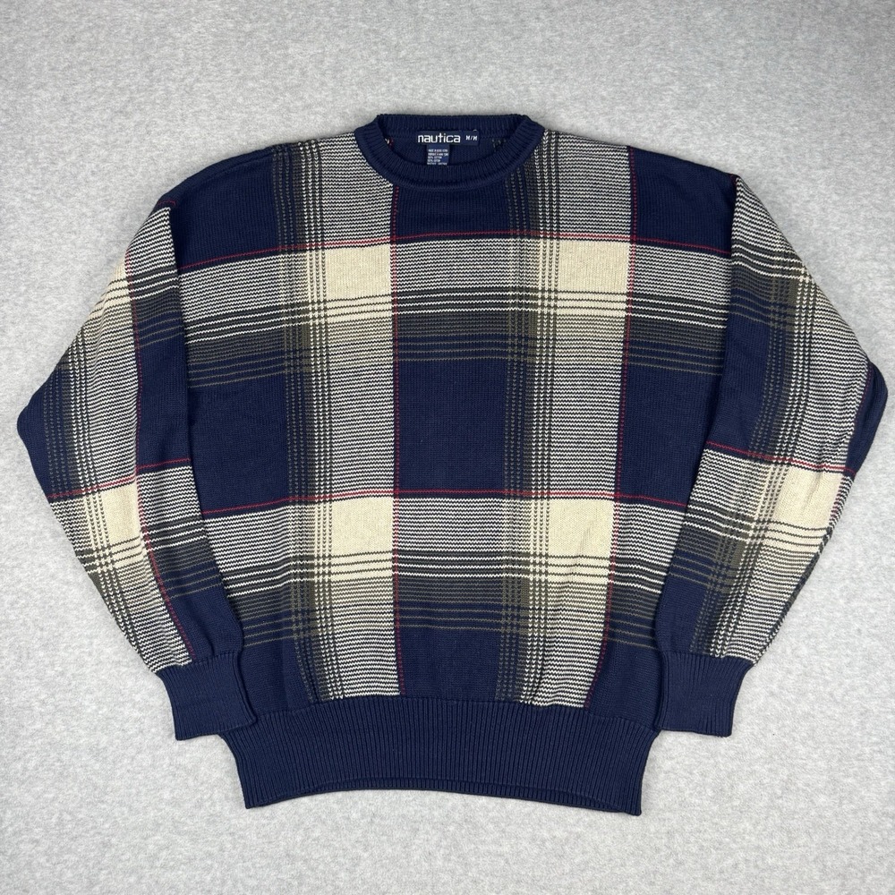 VTG Nautica Plaid Crewneck Pullover  Sweater Men's Medium Blue Cream Grandpa